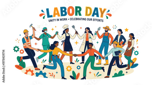 労働者たちが手を取り合い、ダンスや交流を楽しみながら、労働の日を祝う様子を描いている。