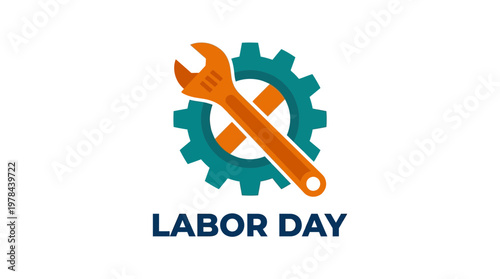 労働者のための記念日を祝うロゴ、歯車とレンチのデザインが特徴的です。