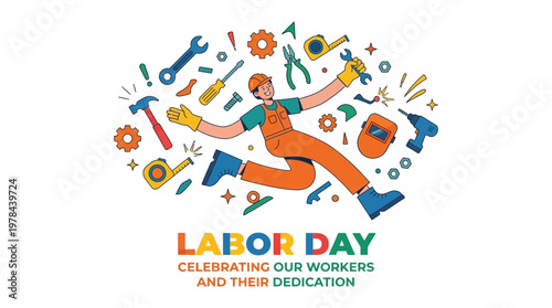労働者のキャラクターが多くの工具や道具に囲まれながら、喜びとエネルギーを表現しているイラストです。