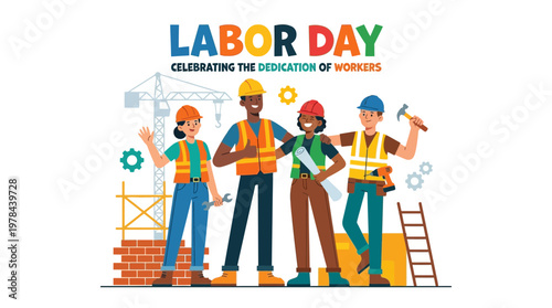 労働者のイラストで、ヘルメットをかぶり作業服を着た男女が建設現場で働いている様子。