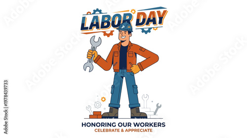 労働者のキャラクターが工場の背景で、工具を持ち、労働者の日を祝うイラストです。