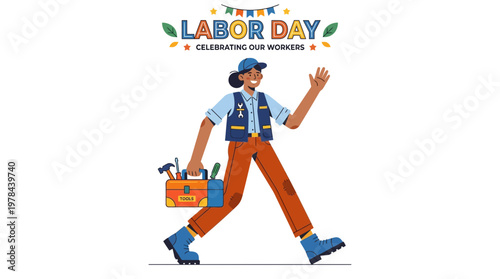 労働者のキャラクターが笑顔で歩きながら、工具箱を持ち、労働の日を祝うイラストです。