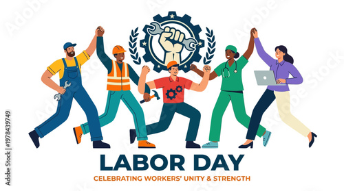 労働者の日を祝う、様々な職業の人々が団結して手を繋ぎ、喜びを表しているイラストです。