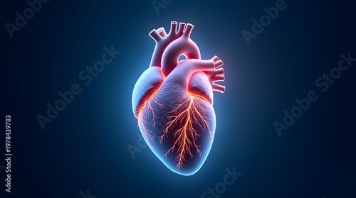 Colorful 3D Illustration of a Human Heart Anatomy with Glowing Vessels on a Dark Background