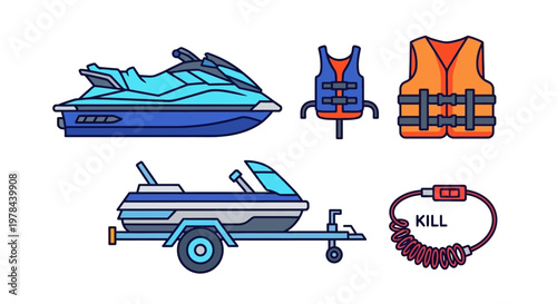 Personal Watercraft Jet Ski on Trailer with Life Jacket and Kill Switch Key