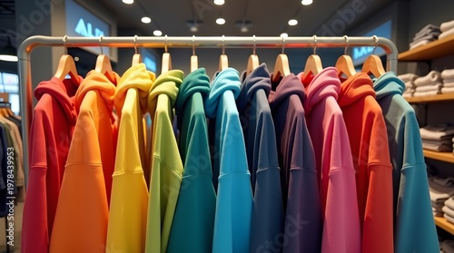 Colorful Array of Hoodies Displayed on Rack Inside Modern Retail Store