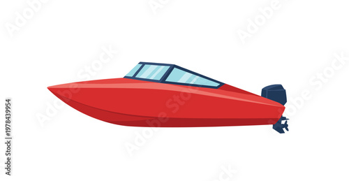 Modern red speedboat with outboard motor for summer water recreation