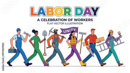 労働者の日を祝う、様々な職業の労働者たちが描かれたイラストです。
