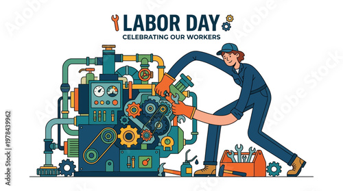 労働者の日を祝う、機械を修理する作業員のイラスト。
