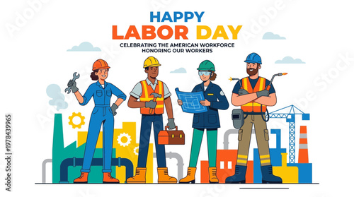 労働者の日を祝う、様々な職業の労働者たちのイラスト。