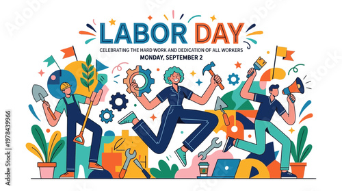 労働者の日を祝う、様々な道具を持った人々が躍動するイラスト。