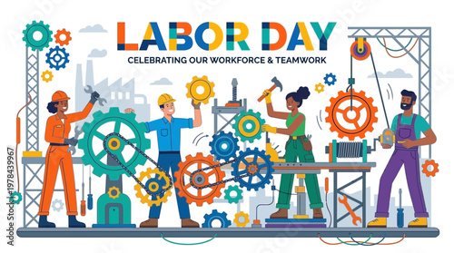 労働者の日を祝う人々が、歯車と工具を使って協力して作業しています。