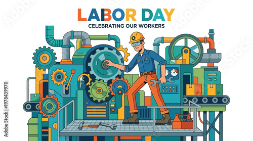 労働者の日を祝うイラスト。男性労働者が機械を修理しています。