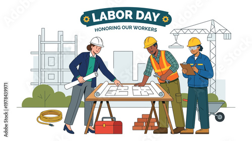 労働者の日を祝う建設現場の労働者たち。図面を共有し、協力して作業を進めている。