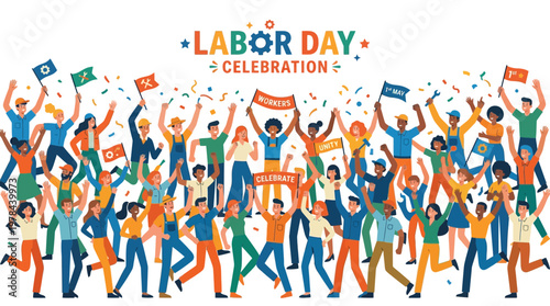 労働者の祭典を祝う多くの人々が集まり、旗を振りながら楽しそうに踊っている光景です。