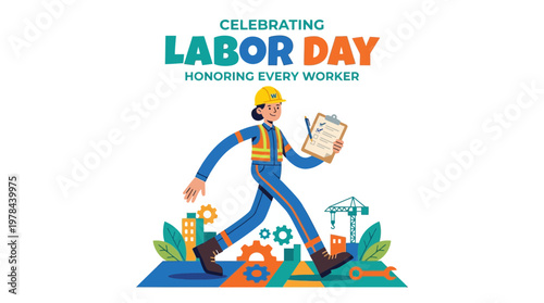 労働者を祝うラベルデザインで、工事用ヘルメットをかぶった男性が歩きながら書類を持っている。