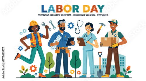 労働者を称えるカラフルなイラスト。多様な職業の人々がツールや荷物を持っている。