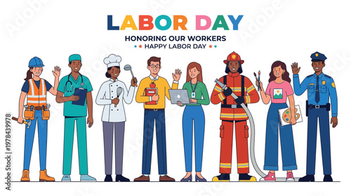 労働者を象徴する多様な職業の人々が並び、ラボアデーを祝うイラストです。