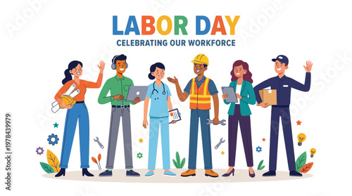 労働者を祝うためのイラストで、多様な職業の人々が笑顔で手を振っている様子。