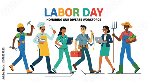 多様な職業の人々が並び、労働者の日を祝うイラスト。