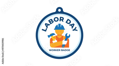 労働者バッジで、ヘルメットをかぶった作業員が工具を持ち、労働の日を祝うデザインです。