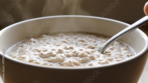 Close-up of steaming oatmeal porridge in a white bowl