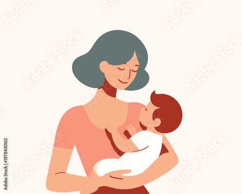 Illustration of a mother breastfeeding her baby, showing a tender moment of maternal care and bonding in a flat vector art style