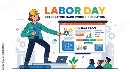 女性が工事用ヘルメットをかぶり、プレゼンテーションを行っている様子。