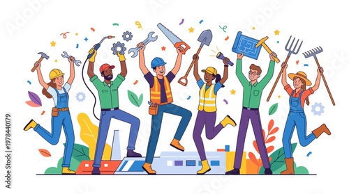 工事作業員がヘルメットと作業服を着て、工具を持ちながら楽しそうに踊っているイラストです。