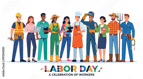 多様な職業の労働者が並び、LABOR DAYの文字とともに祝賀を表現しているイラスト。