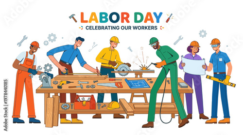 工具を使って木工を行う複数の作業員が、作業台の前で協力している様子を描いている。