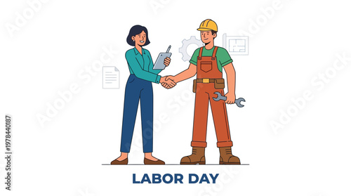 女性と男性労働者が握手し、労働の日を祝うシーン。女性は書類を持ち、男性は工具を持っている。