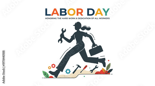 女性のシルエットが工具を持ち、土の上を走る姿を描いたイラスト。