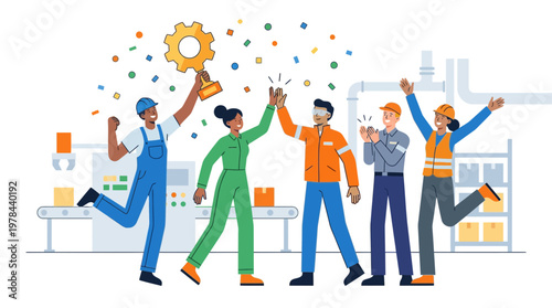 工場で働く五人の労働者が喜びながら高くジャンプし、賞品や成功を祝っている様子。