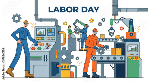 工場で働く労働者が機械を操作し、組み立て作業を行っている様子。