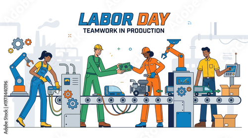 工場で働く複数の労働者が機械を操作し、協力して生産作業を行っている様子。