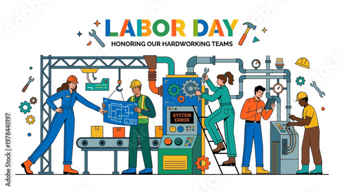 工場で働く多様な作業員が機械や装置を操作し、製品の製造工程を行っている様子を描いている。