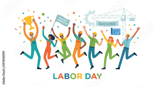 建設作業員たちがトロフィーを掲げ、プロジェクト完了と成功を祝って跳ねている。