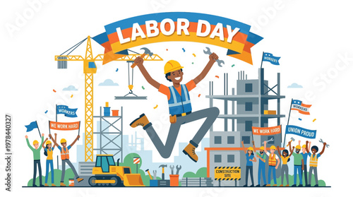 建設現場で働く労働者が安全ヘルメットをかぶり、工事中の建物とクレーンの前で祝っている様子。