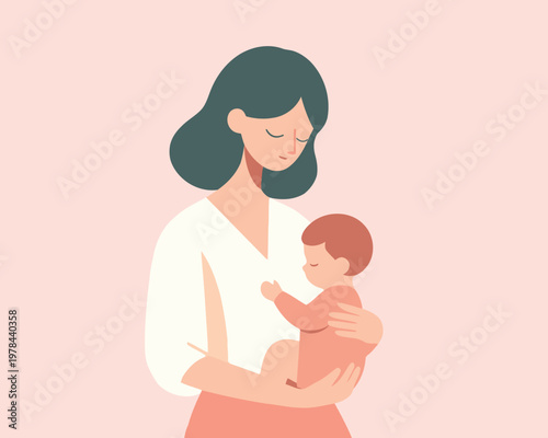 A mother holding her baby in her arms with a gentle and loving expression, vector illustration