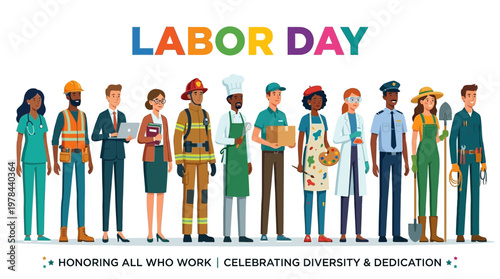 様々な職業の人々が並んでいるイラストで、労働者の日を祝うメッセージが表示されている。