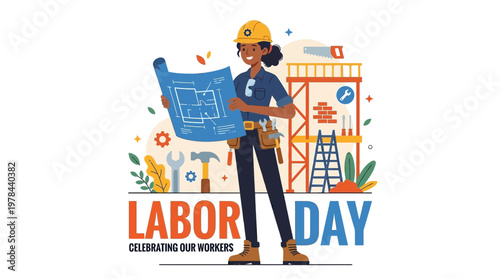 建設現場で働く女性労働者がヘルメットと工具を持ち、工事用の建築物の前に立っている様子。