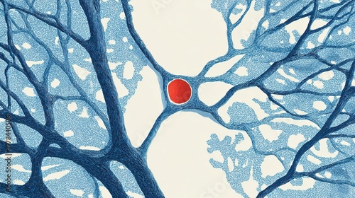 bulge. Abstract blue vascular networks with a single red bulging point, minimalist medical style. STEM education sheets, lab safety posters, designed for biotech research communications.