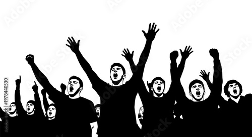 Group of people celebrating with hands up.