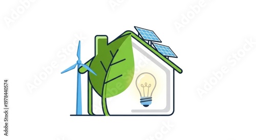A house with a wind turbine and solar panels on its roof, surrounded by a green leaf and a light bulb, set against a white background.