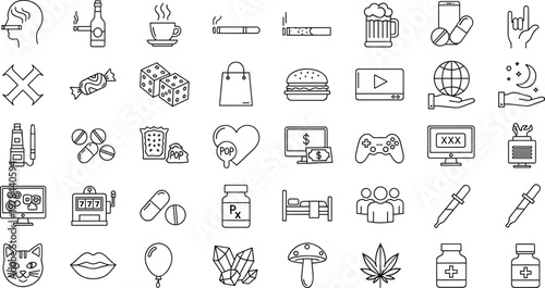 addiction icons, lifestyle symbols, habit graphics, entertainment line art, substance silhouettes, gambling vector set, unhealthy choices design, modern habits illustration
