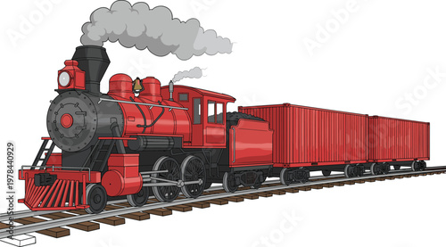 Vintage red steam locomotive pulling freight containers on railway tracks