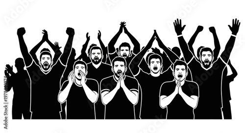 Group of men cheering and celebrating.