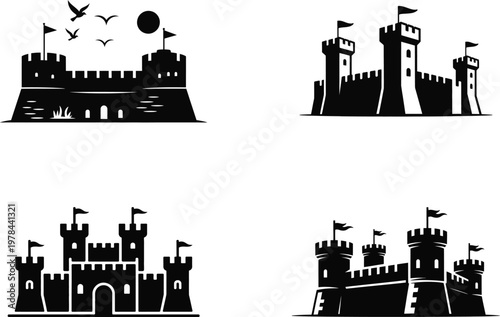Medieval Castle Silhouette Icon Set – Fortress and Kingdom Vector Collection