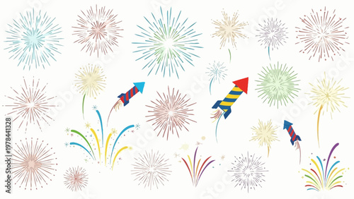 Colorful fireworks and rocket illustrations on white background for celebration